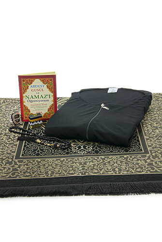 Black Women's Practical Headscarf Zippered One-Piece Prayer Dress Prayer Mat Set - 4