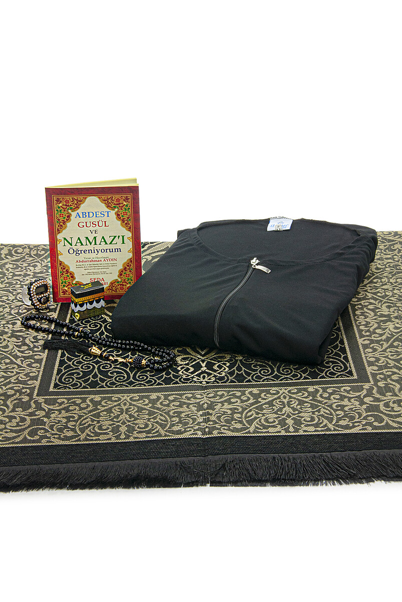 Black Women's Practical Headscarf Zippered One-Piece Prayer Dress Prayer Mat Set - 4