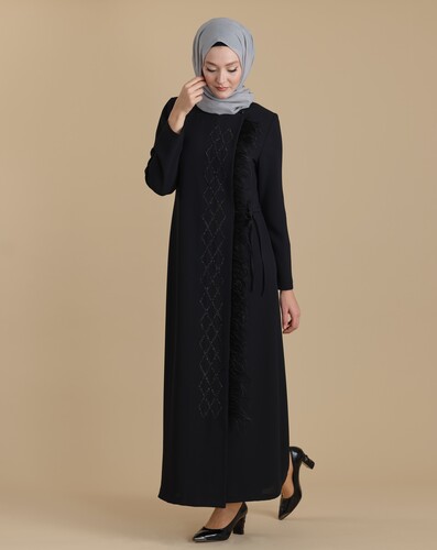 Black Zippered Double Breasted Stoned Feather Hijab Abaya - 2