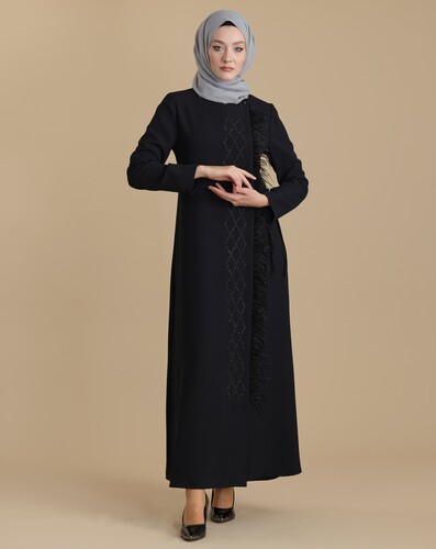 Black Zippered Double Breasted Stoned Feather Hijab Abaya - 3