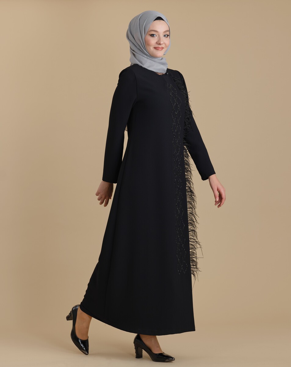 Black Zippered Double Breasted Stoned Feather Hijab Abaya - 4