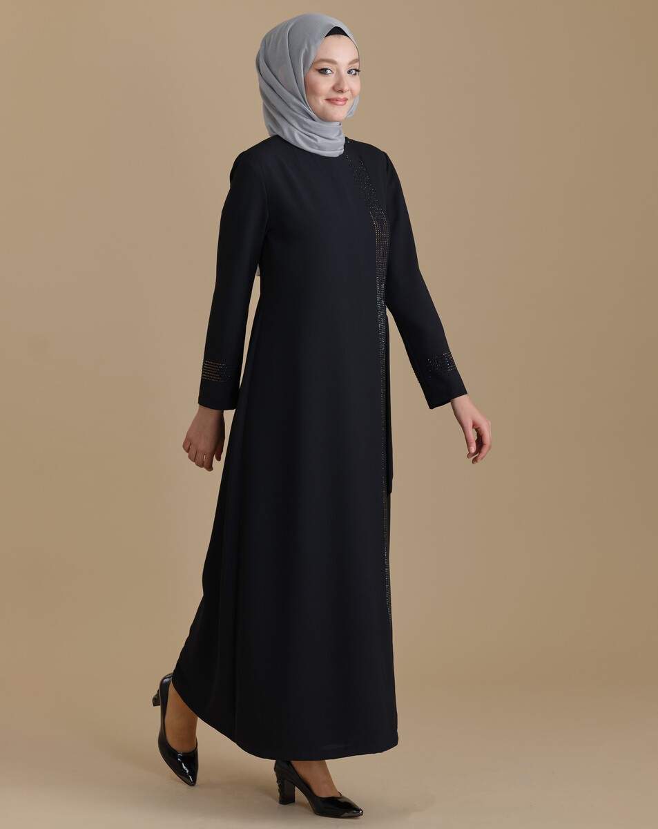 Black Zippered Double Breasted Stoned Hijab Abaya - 1