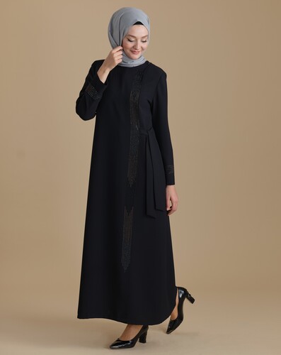 Black Zippered Double Breasted Stoned Hijab Abaya - 2