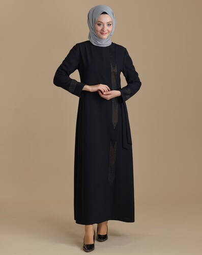 Black Zippered Double Breasted Stoned Hijab Abaya - 3