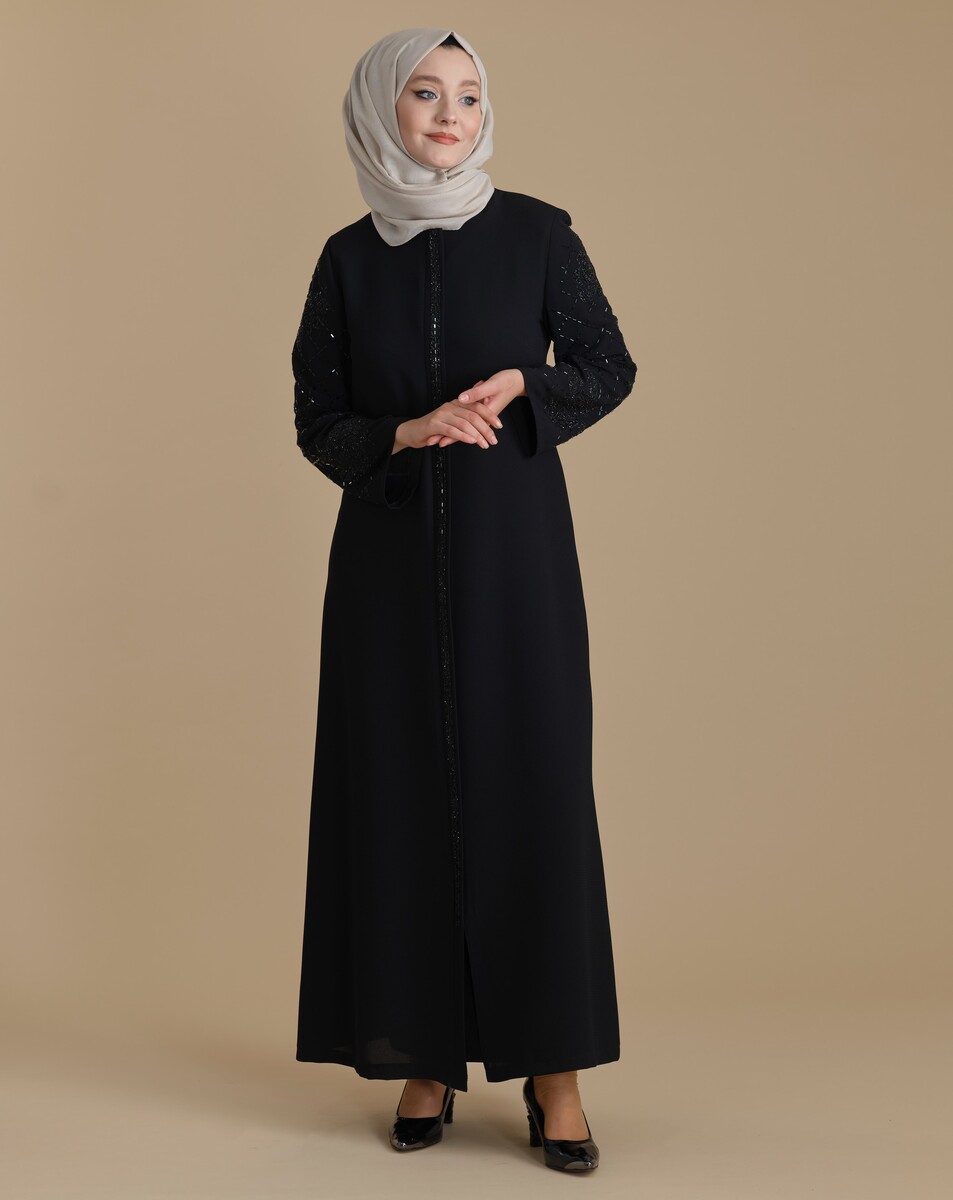 Black Zippered Hijab Abaya with Crystal Stone Sleeves - 1