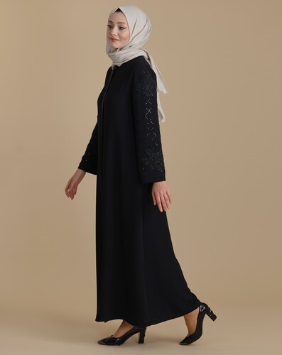 Black Zippered Hijab Abaya with Crystal Stone Sleeves - 2