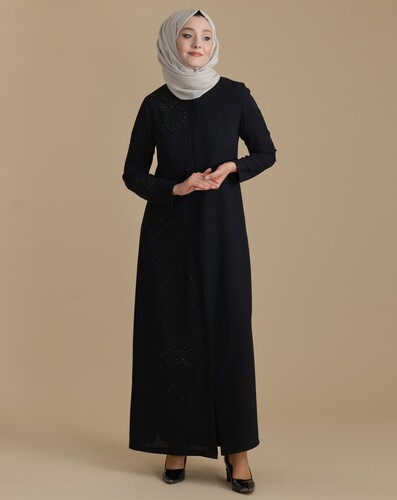 Black Zippered Hijab Abaya with Crystal Stones on One Side and Sleeves - 1