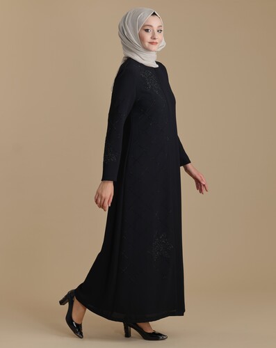 Black Zippered Hijab Abaya with Crystal Stones on One Side and Sleeves - 2