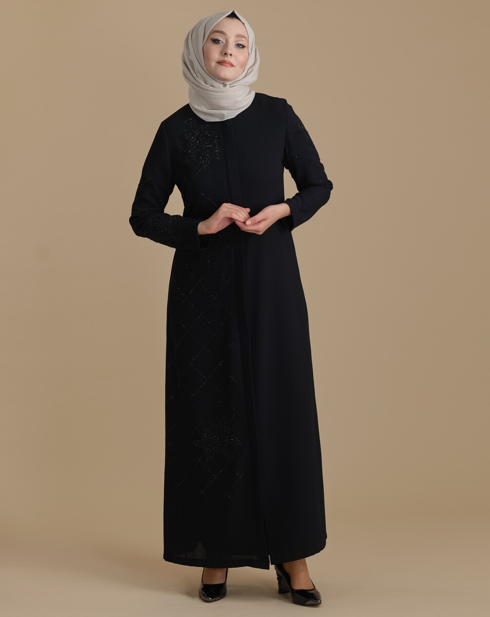 Black Zippered Hijab Abaya with Crystal Stones on One Side and Sleeves - 3