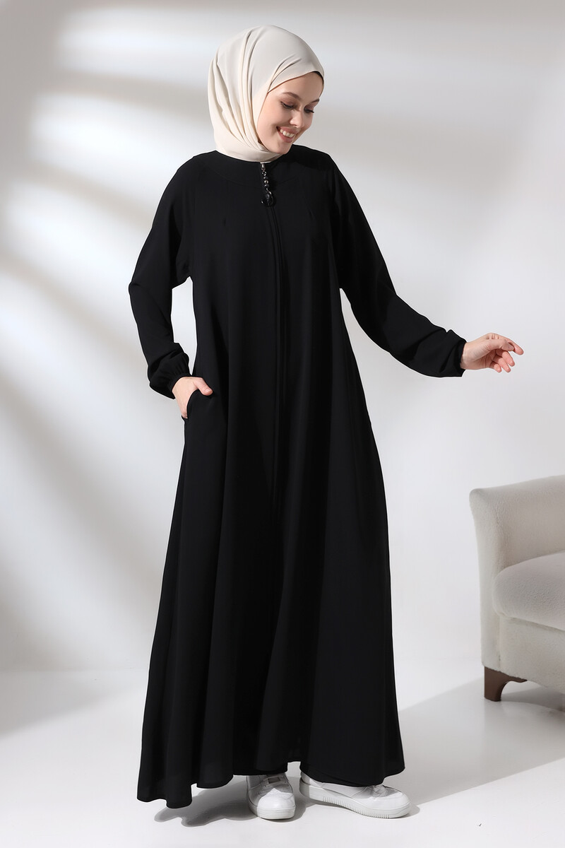 Black Zippered Sleeve Elastic Medina Silk Mevlana Model Hijab Abaya - 1