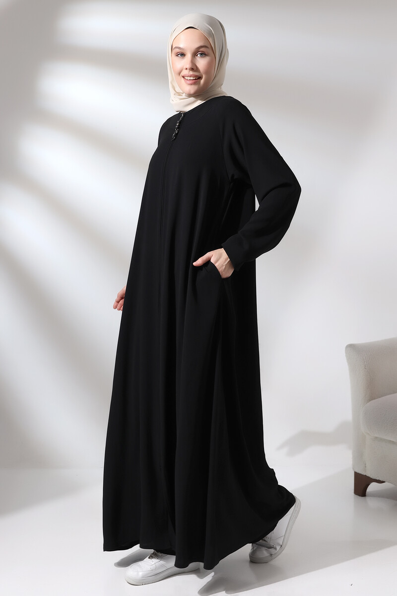 Black Zippered Sleeve Elastic Medina Silk Mevlana Model Hijab Abaya - 2