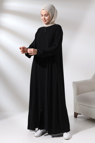 Black Zippered Sleeve Elastic Medina Silk Mevlana Model Hijab Abaya - 3