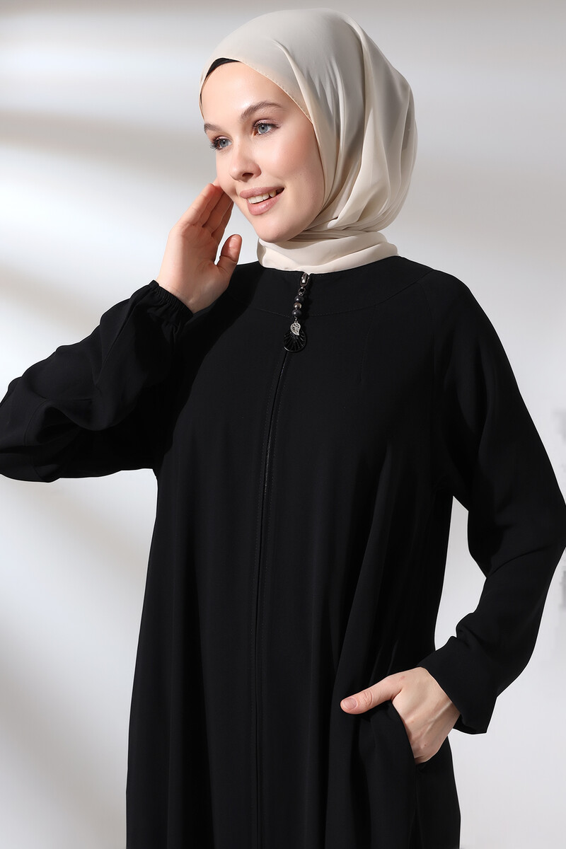 Black Zippered Sleeve Elastic Medina Silk Mevlana Model Hijab Abaya - 5