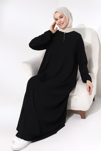 Black Zippered Sleeve Elastic Medina Silk Mevlana Model Hijab Abaya - 6