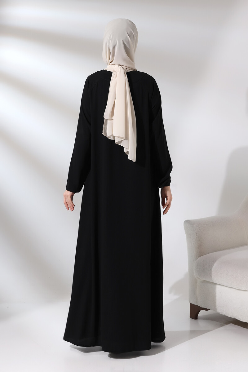 Black Zippered Sleeve Elastic Medina Silk Mevlana Model Hijab Abaya - 7