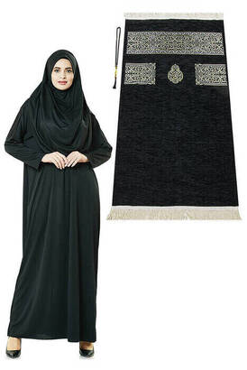 Black Prayer Dress - Kaaba Pattern Prayer Rug and Rosary - Worship Set - 1