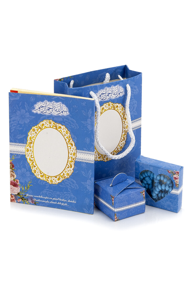 Blue Baby Mevlut Gift Yasin Book Set with a Sweet Rosary with a Name-Specific Bag - 1