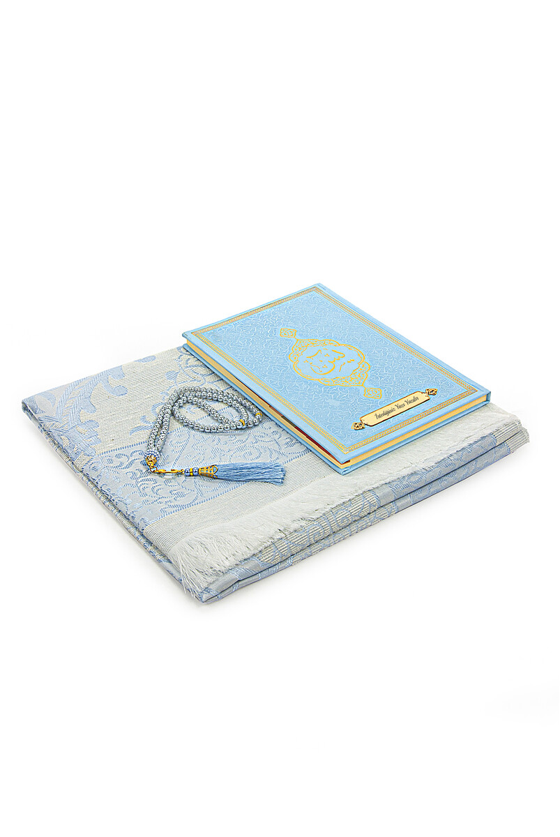 Blue Dowry Prayer Rug Set, Religious Gift Suitable for Bride's Bundle, Personalized Yasin Book - 3