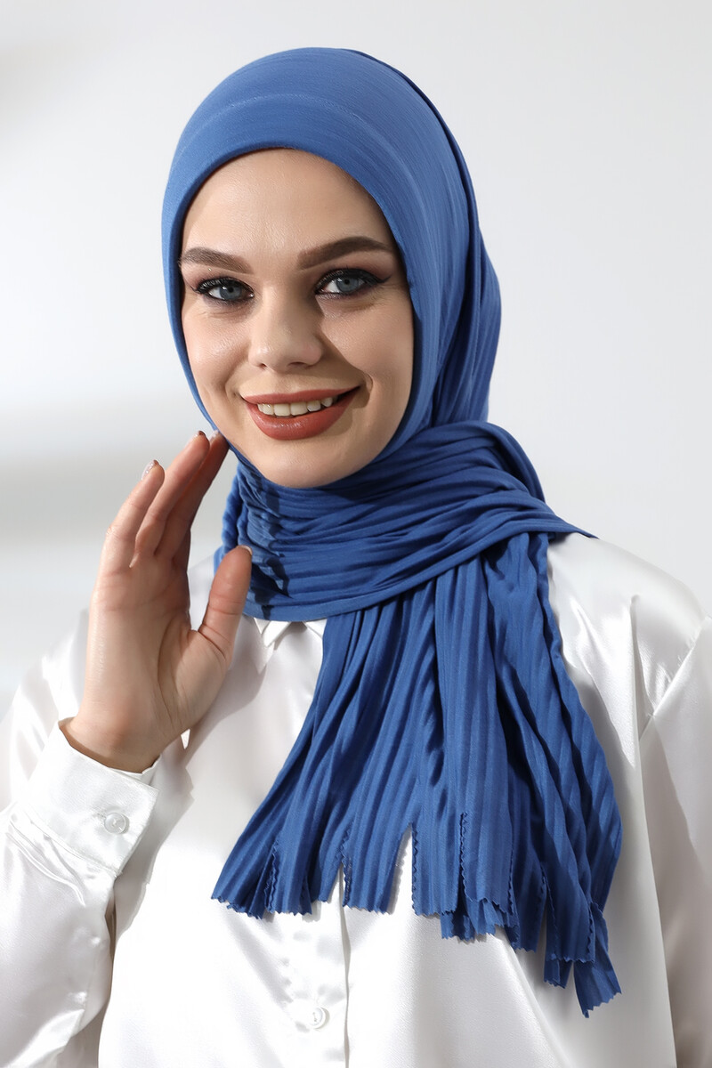 Blue Hijab Ready Made Practical Corded Cotton Shawl - 1