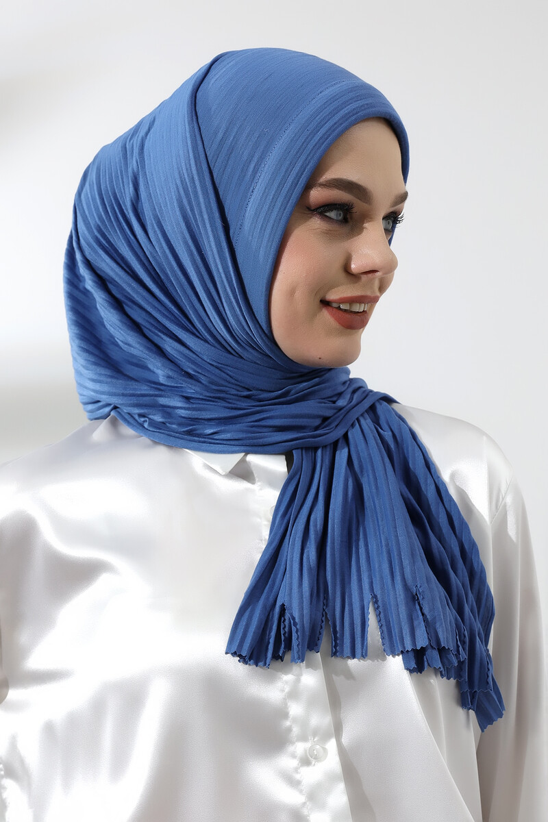 Blue Hijab Ready Made Practical Corded Cotton Shawl - 3