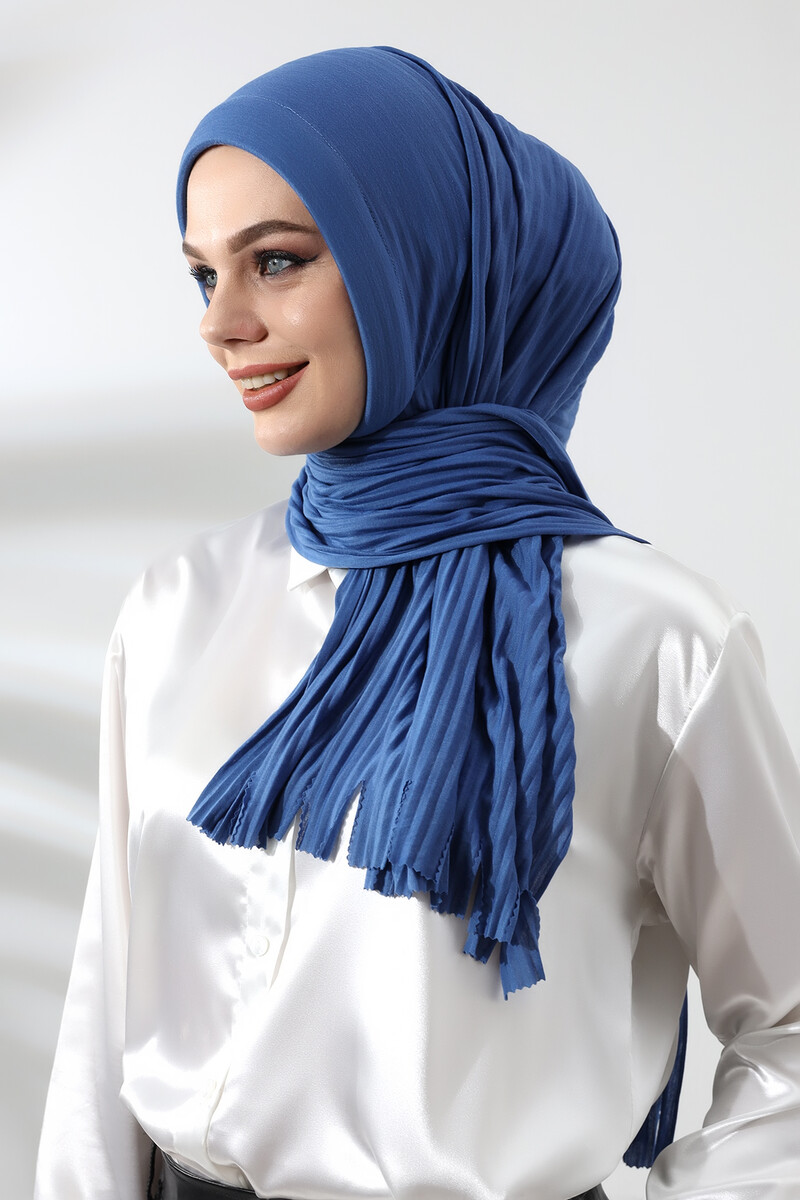 Blue Hijab Ready Made Practical Corded Cotton Shawl - 4