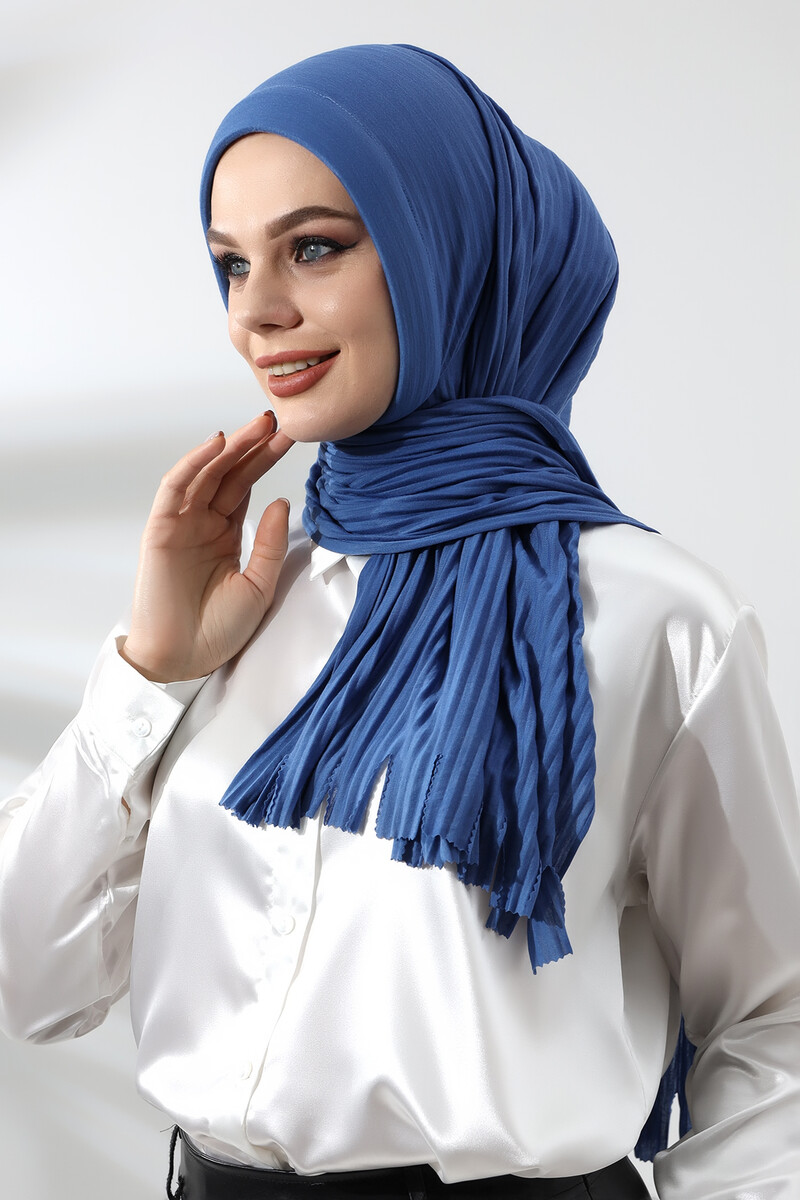 Blue Hijab Ready Made Practical Corded Cotton Shawl - 5