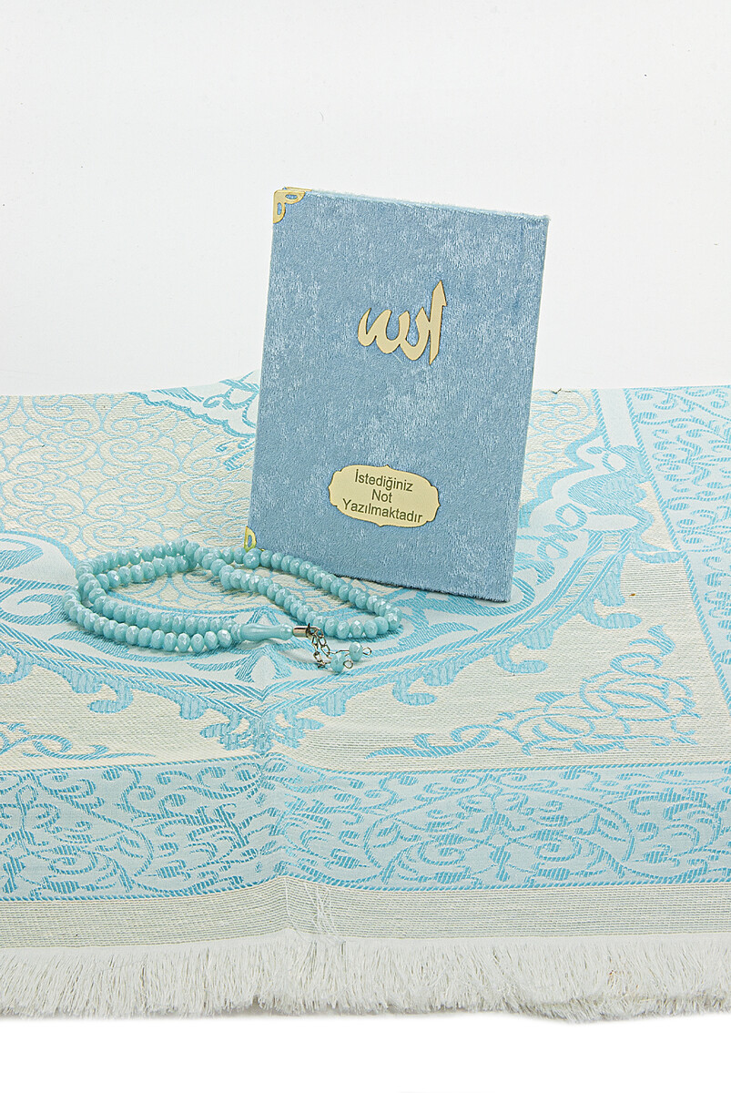 Blue Mevlüt Gift Velvet Covered Yasin Book Prayer Beads Dowry Prayer Rug Set - 4