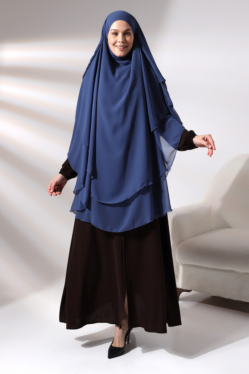 Blue Three Layer Veiled Long Chiffon Hijab Soufflé Scarf - 1