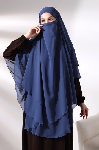 Blue Three Layer Veiled Long Chiffon Hijab Soufflé Scarf - 2