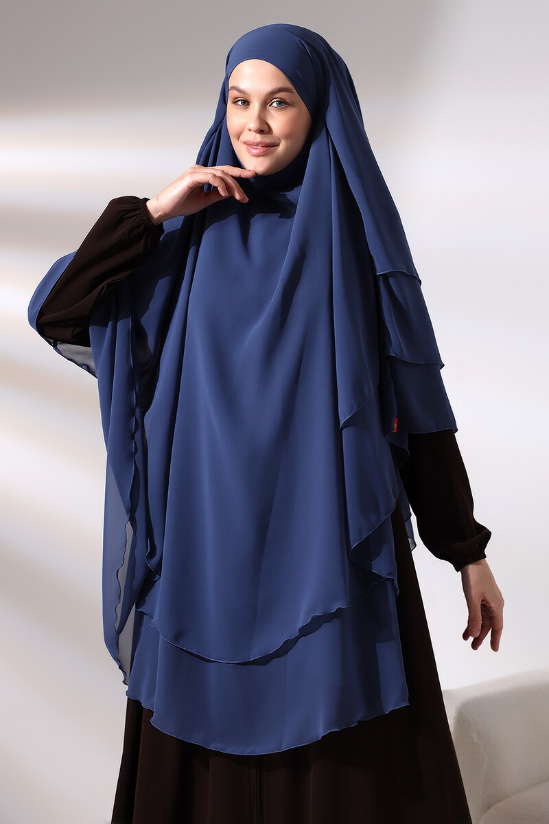 Blue Three Layer Veiled Long Chiffon Hijab Soufflé Scarf - 3