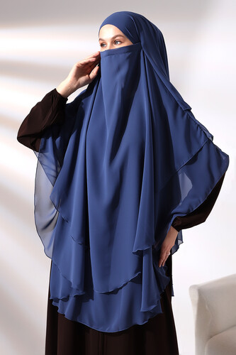 Blue Three Layer Veiled Long Chiffon Hijab Soufflé Scarf - 4