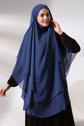 Blue Three Layer Veiled Long Chiffon Hijab Soufflé Scarf - 5