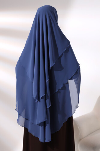 Blue Three Layer Veiled Long Chiffon Hijab Soufflé Scarf - 6