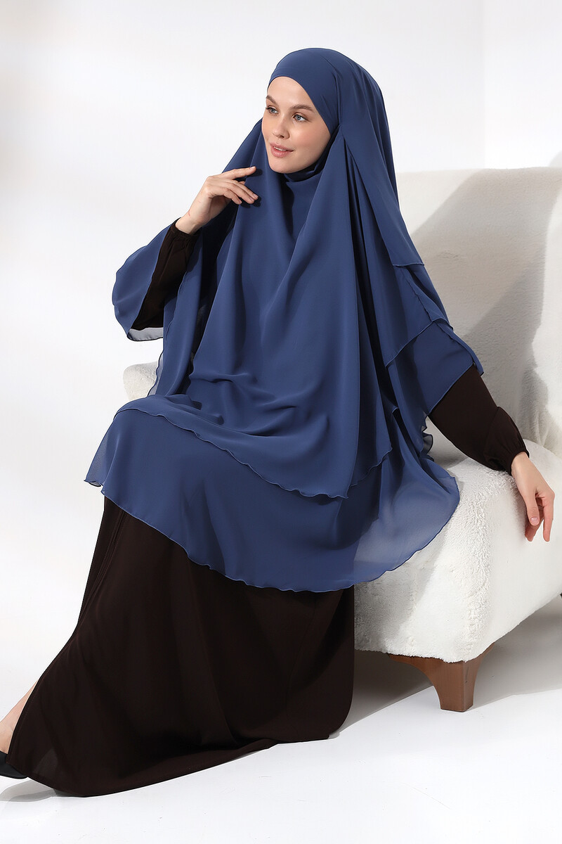 Blue Three Layer Veiled Long Chiffon Hijab Soufflé Scarf - 7