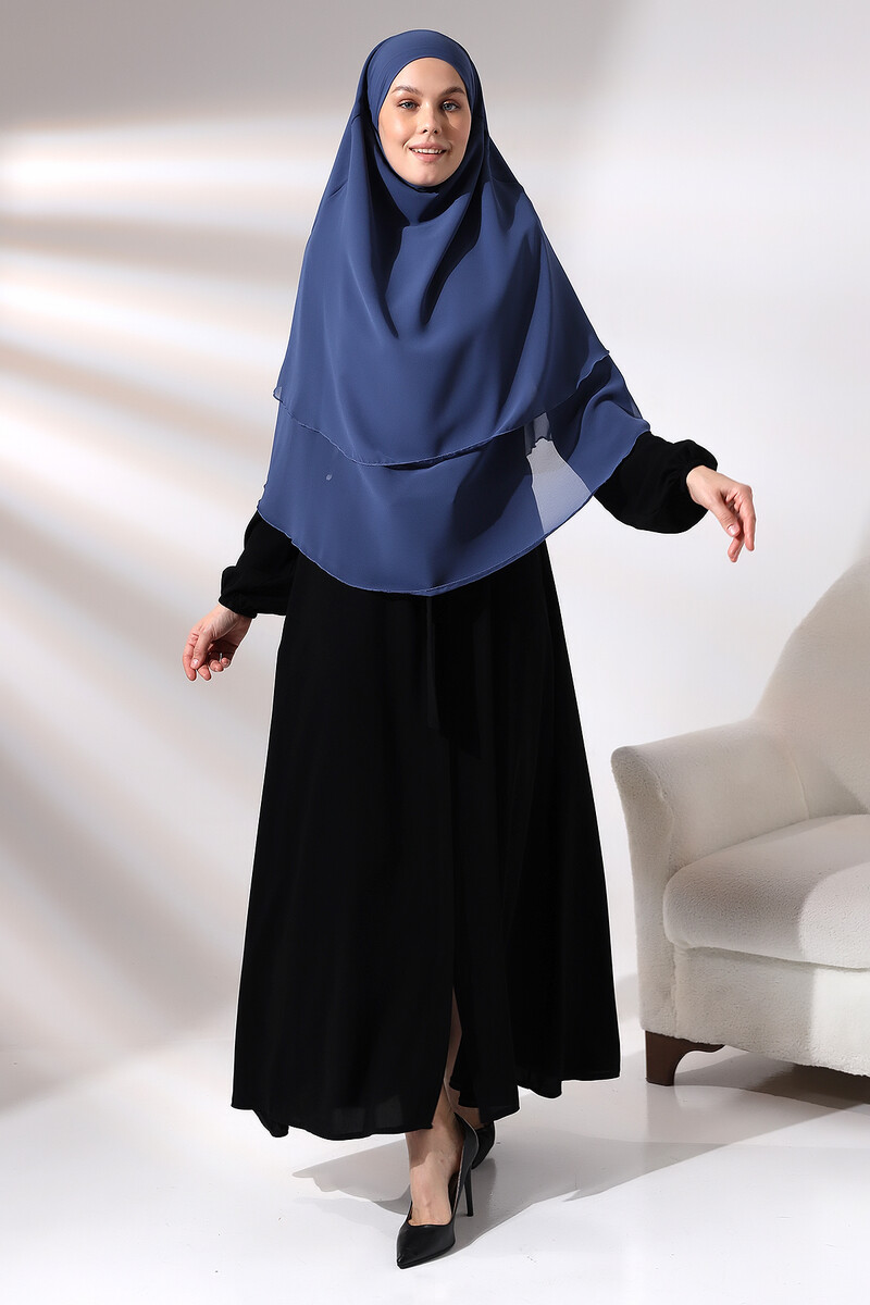 Blue Three Layer Veiled Short Chiffon Hijab Soufflé Scarf - 1