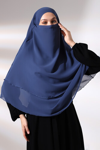 Blue Three Layer Veiled Short Chiffon Hijab Soufflé Scarf - 2