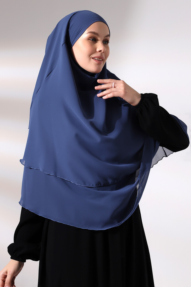 Blue Three Layer Veiled Short Chiffon Hijab Soufflé Scarf - 4