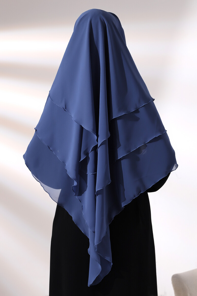 Blue Three Layer Veiled Short Chiffon Hijab Soufflé Scarf - 6