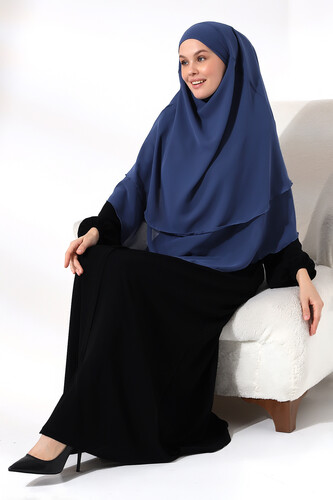 Blue Three Layer Veiled Short Chiffon Hijab Soufflé Scarf - 7