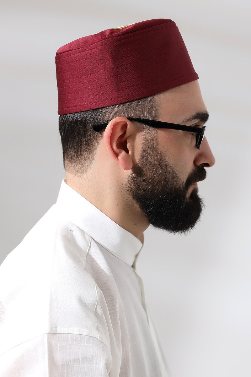 Bordo Kapitone Elif Vav Nakışlı Kalıp Namaz Takkesi - 5