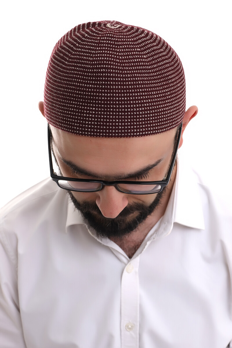 Bordo Kışlık Nokta Desenli Orlon Namaz Takkesi - 5