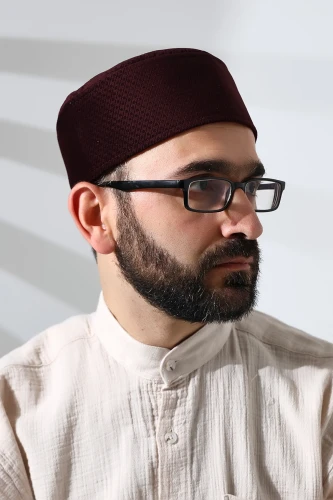 Bordo Petek Kareli Kadife Kalıp Namaz Takkesi - 2