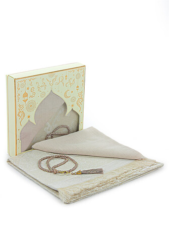 Boxed Covered Gift Prayer Rug Set with Prayer Beads Cream - 1