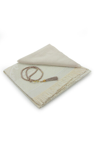 Boxed Covered Gift Prayer Rug Set with Prayer Beads Cream - 3