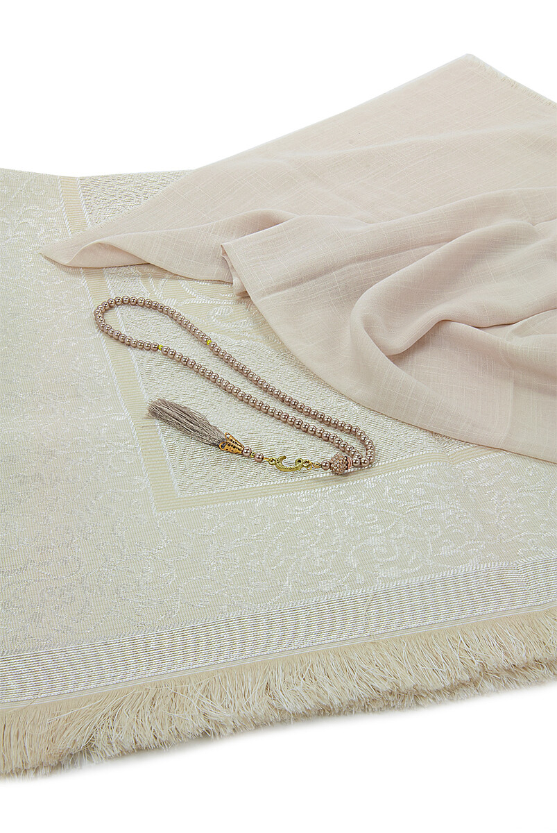 Boxed Covered Gift Prayer Rug Set with Prayer Beads Cream - 4