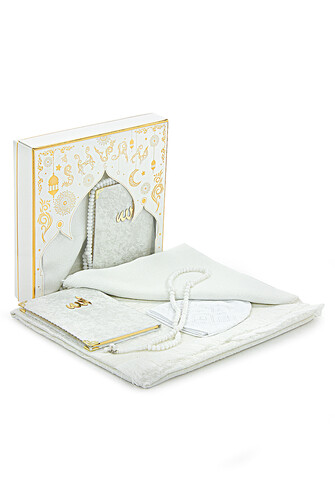 Boxed Covered Velvet Yasin Book Dowry Prayer Rug Set White - 1