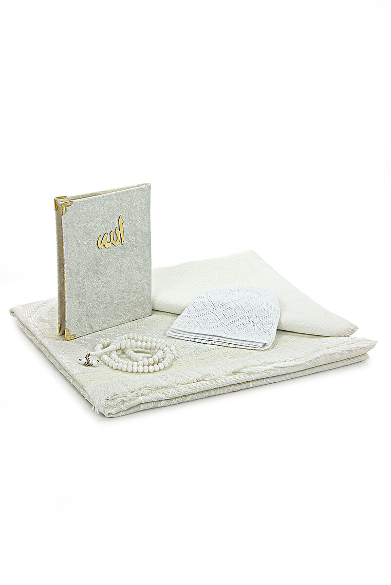 Boxed Covered Velvet Yasin Book Dowry Prayer Rug Set White - 3