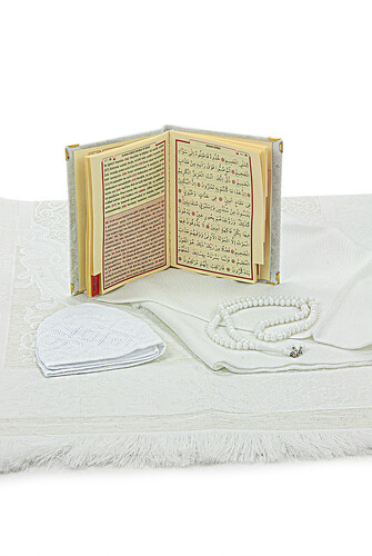 Boxed Covered Velvet Yasin Book Dowry Prayer Rug Set White - 4