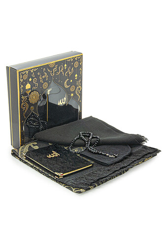 Boxed Covered Velvet Yasin Book Dowry Prayer Rug Set with Rosary Black - 1