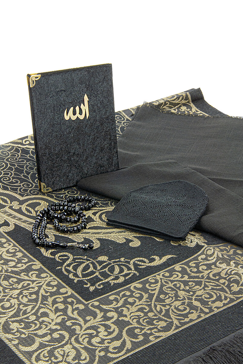 Boxed Covered Velvet Yasin Book Dowry Prayer Rug Set with Rosary Black - 3